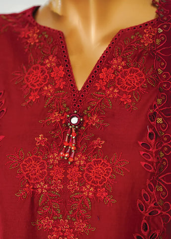 3 Piece Red Color Embroidered Lawn Shirt with Embroidered Trouser & Dupatta