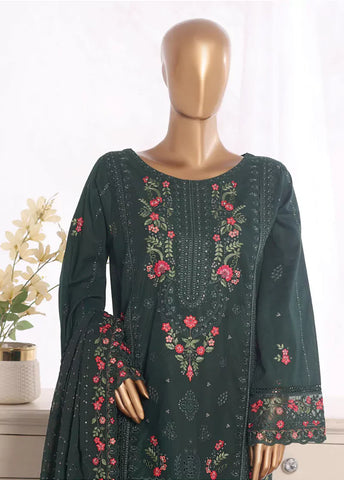 3 Piece Bottle Green Color Embroidered Lawn Shirt with Embroidered Trouser & Dupatta