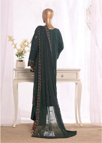 3 Piece Bottle Green Color Embroidered Lawn Shirt with Embroidered Trouser & Dupatta