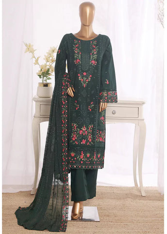 3 Piece Bottle Green Color Embroidered Lawn Shirt with Embroidered Trouser & Dupatta