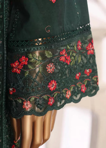 3 Piece Bottle Green Color Embroidered Lawn Shirt with Embroidered Trouser & Dupatta