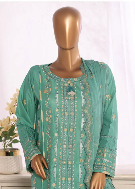 3 Piece Turquoise Color Embroidered Lawn Shirt with Embroidered Trouser & Dupatta