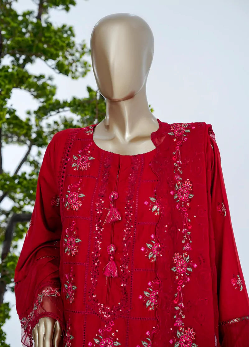 3 Piece Red Color Embroidered Lawn Shirt with Trouser & Embroidered Dupatta