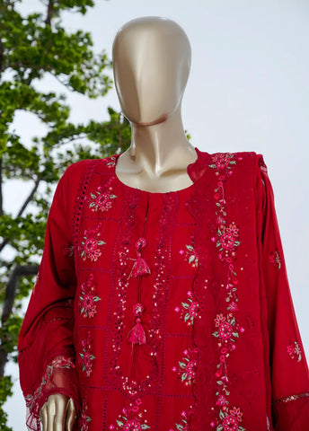 3 Piece Red Color Embroidered Lawn Shirt with Trouser & Embroidered Dupatta