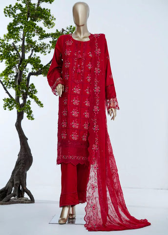 3 Piece Red Color Embroidered Lawn Shirt with Trouser & Embroidered Dupatta