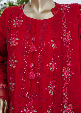 3 Piece Red Color Embroidered Lawn Shirt with Trouser & Embroidered Dupatta