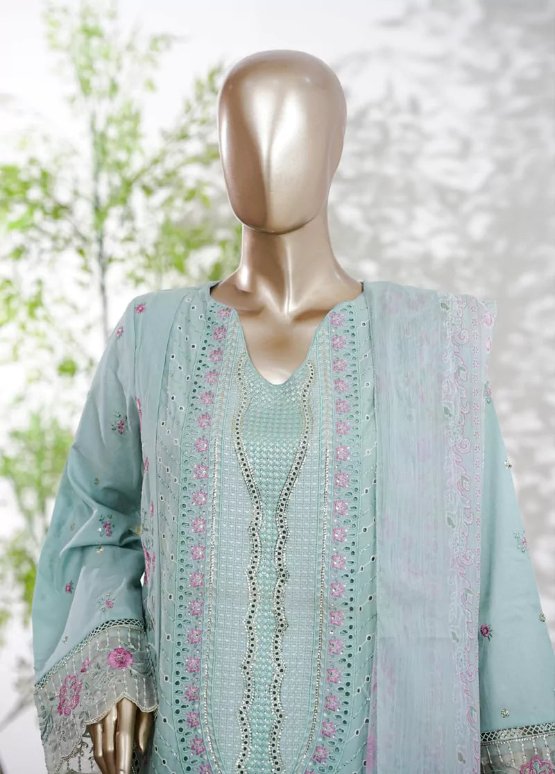 3 Piece Mint Green Color Embroidered Lawn Shirt with Trouser & Dupatta