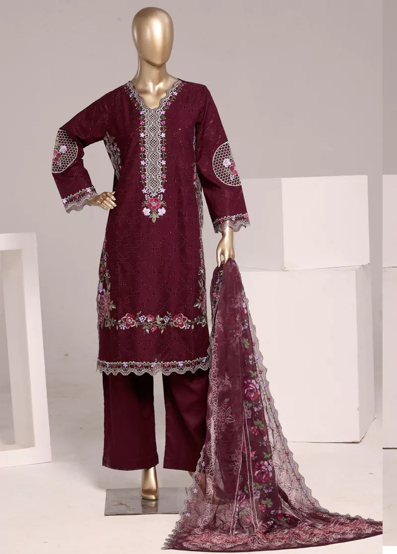 3 Piece Maroon Color Embroidered Lawn Shirt with Trouser & Embroidered Dupatta
