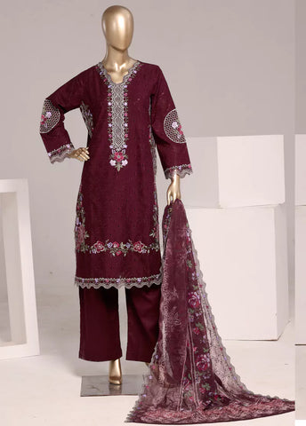 3 Piece Maroon Color Embroidered Lawn Shirt with Trouser & Embroidered Dupatta