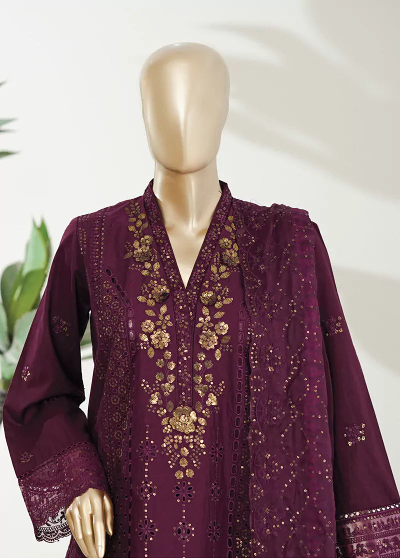 3 Piece Plum Color Embroidered Lawn Shirt with Trouser & Embroidered Dupatta