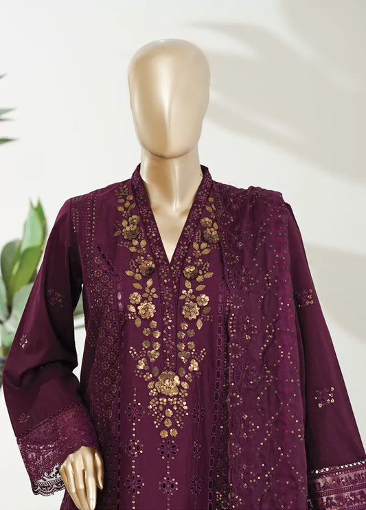 3 Piece Plum Color Embroidered Lawn Shirt with Trouser & Embroidered Dupatta