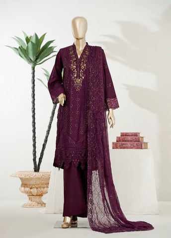 3 Piece Plum Color Embroidered Lawn Shirt with Trouser & Embroidered Dupatta
