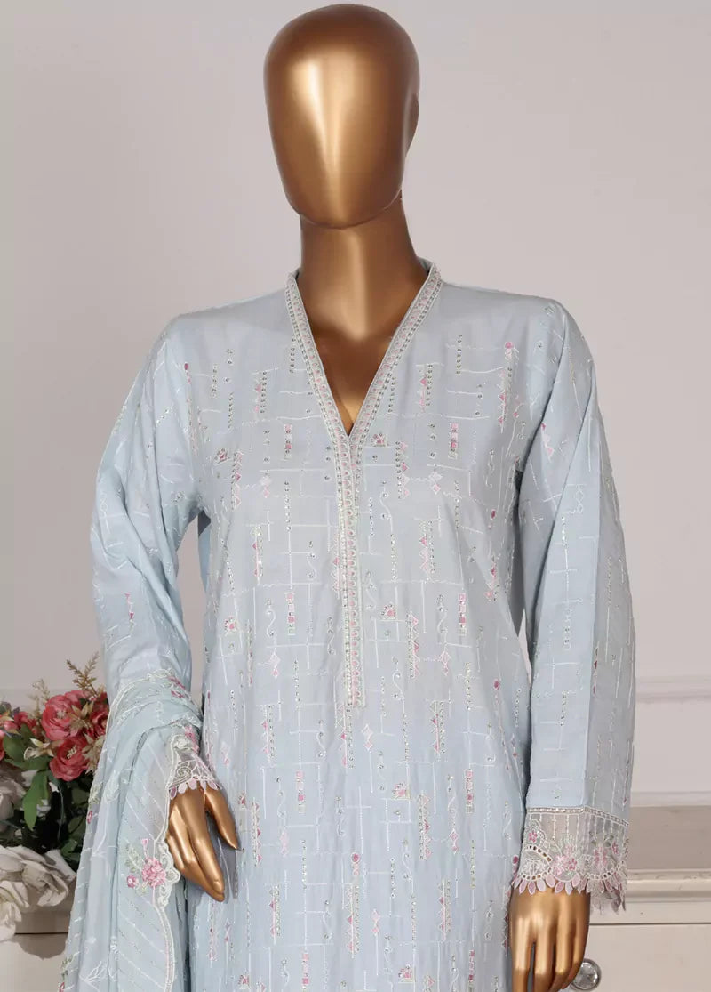 3 Piece Pastel Blue Color Embroidered Lawn Shirt with Embroidered Trouser & Dupatta
