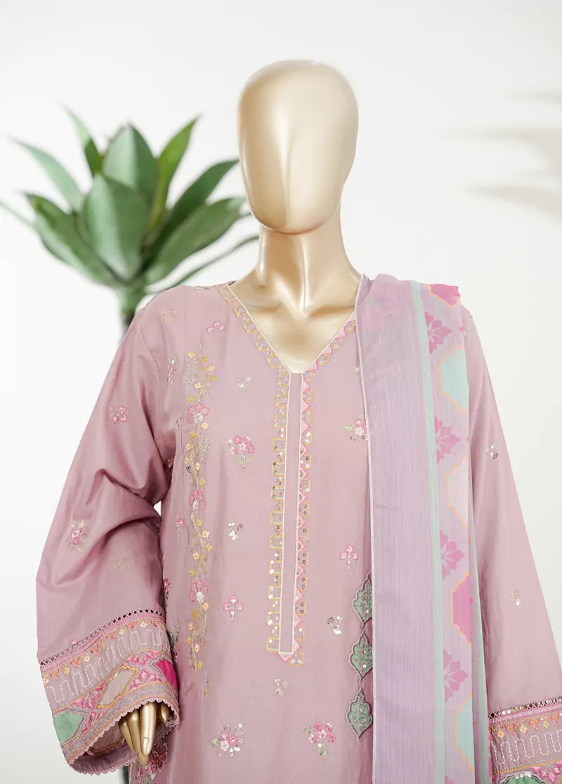 3 Piece Muave Color Embroidered Lawn Shirt with Trouser & Dupatta