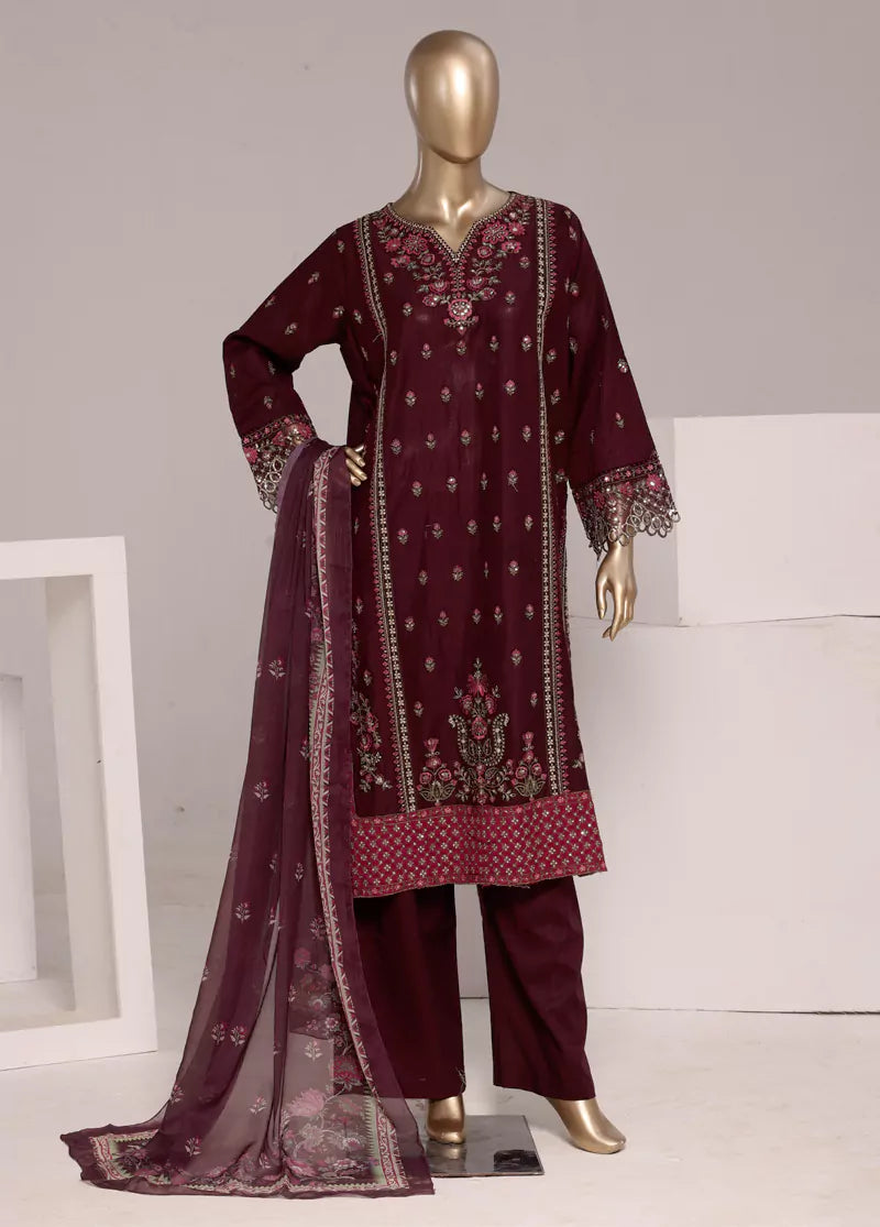 3 Piece Maroon Color Embroidered Lawn Shirt with Trouser & Dupatta