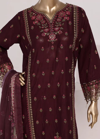 3 Piece Maroon Color Embroidered Lawn Shirt with Trouser & Dupatta