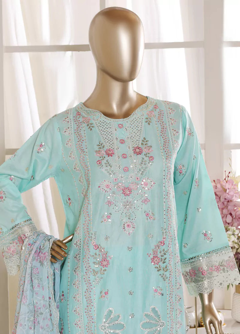 3 Piece Turquoise Color Embroidered Lawn Shirt with Trouser & Embroidered Dupatta