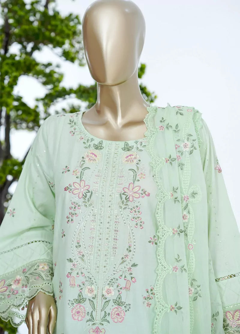 3 Piece Pastel Green Color Embroidered Lawn Shirt with Trouser & Embroidered Dupatta