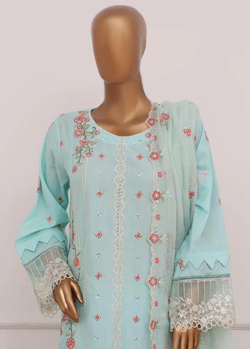 3 Piece Turquoise Color Embroidered Lawn Shirt with Trouser & Embroidered Dupatta