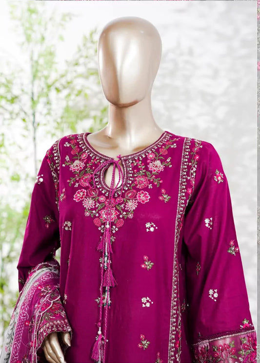 3 Piece Color Embroidered Lawn Shirt with Trouser & Embroidered Dupatta