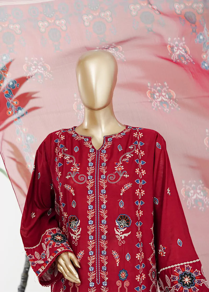 3 Piece Red Color Embroidered Lawn Shirt with Embroidered Trouser & Dupatta