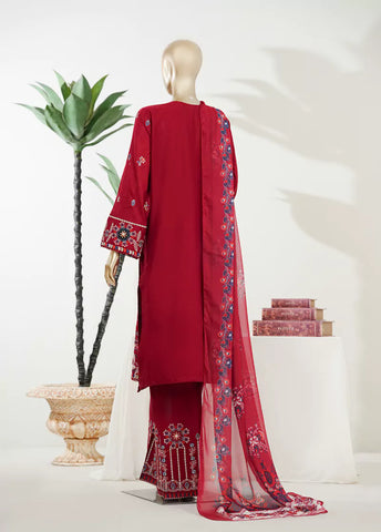 3 Piece Red Color Embroidered Lawn Shirt with Embroidered Trouser & Dupatta