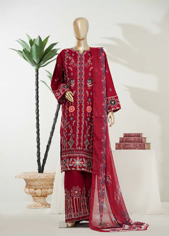 3 Piece Red Color Embroidered Lawn Shirt with Embroidered Trouser & Dupatta