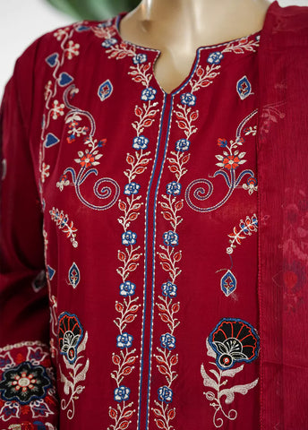 3 Piece Red Color Embroidered Lawn Shirt with Embroidered Trouser & Dupatta