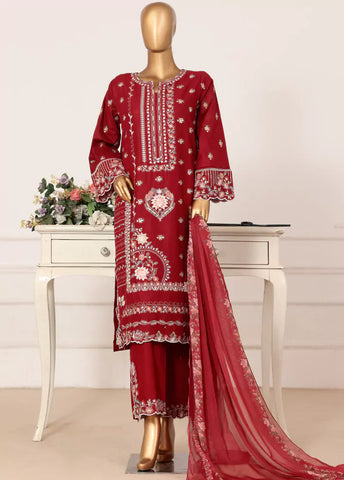 3 Piece Red Color Embroidered Lawn Shirt with Embroidered Trouser & Dupatta