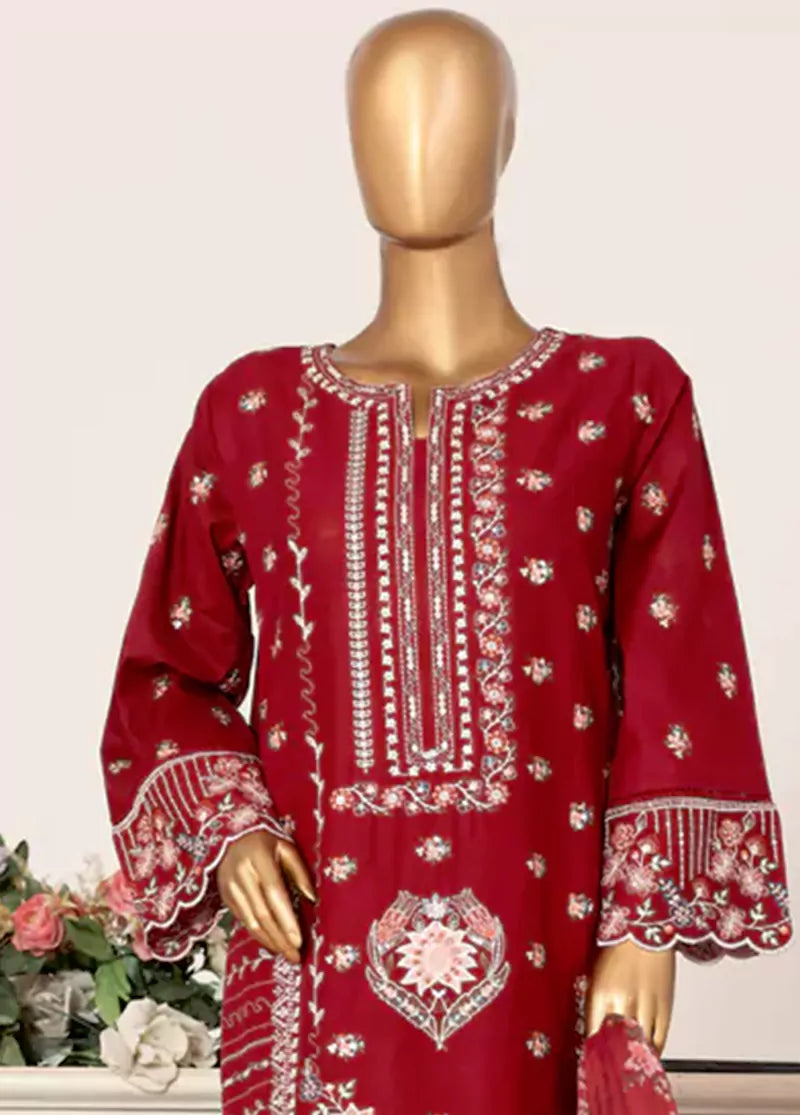 3 Piece Red Color Embroidered Lawn Shirt with Embroidered Trouser & Dupatta
