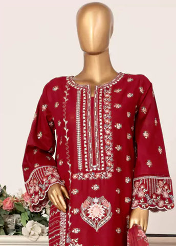 3 Piece Red Color Embroidered Lawn Shirt with Embroidered Trouser & Dupatta