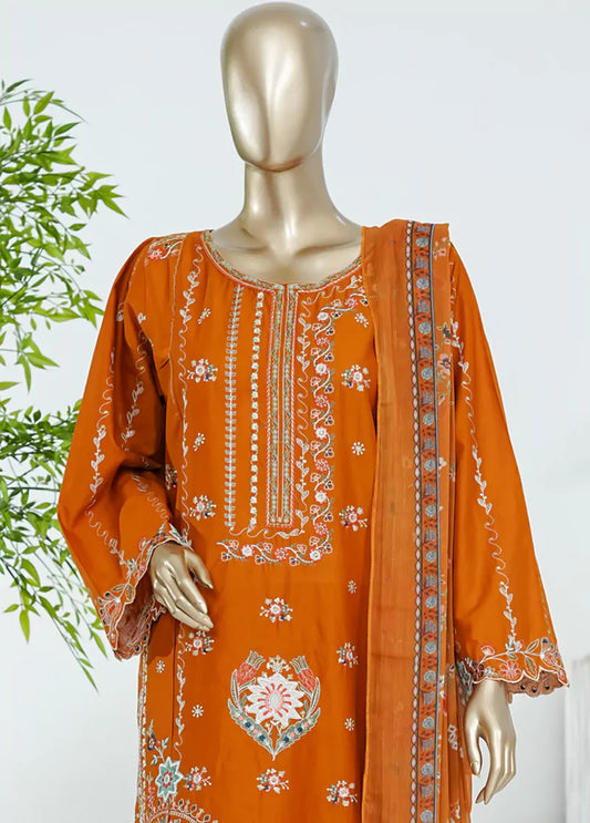 3 Piece Orange Color Embroidered Lawn Shirt with Dupatta & Embroidered Trouser