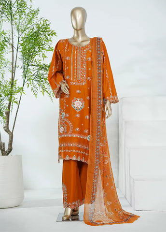 3 Piece Orange Color Embroidered Lawn Shirt with Dupatta & Embroidered Trouser