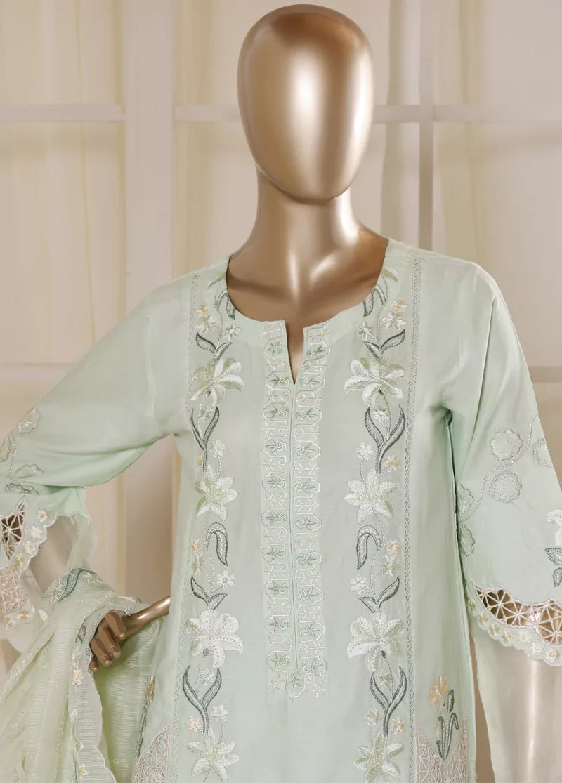 3 Piece Pastel Green Color Embroidered Lawn Shirt with Trouser & Embroidered Dupatta