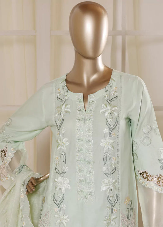 3 Piece Pastel Green Color Embroidered Lawn Shirt with Trouser & Embroidered Dupatta