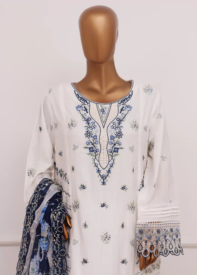 3 Piece White Color Embroidered Lawn Shirt with Trouser & Embroidered Dupatta