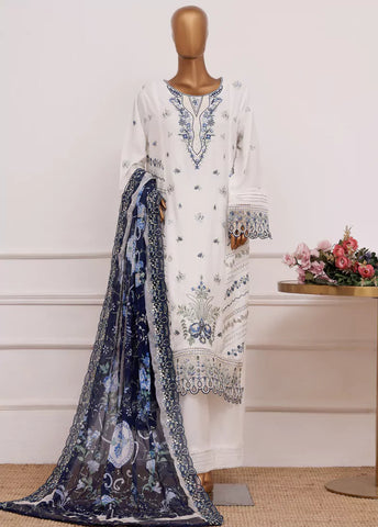 3 Piece White Color Embroidered Lawn Shirt with Trouser & Embroidered Dupatta