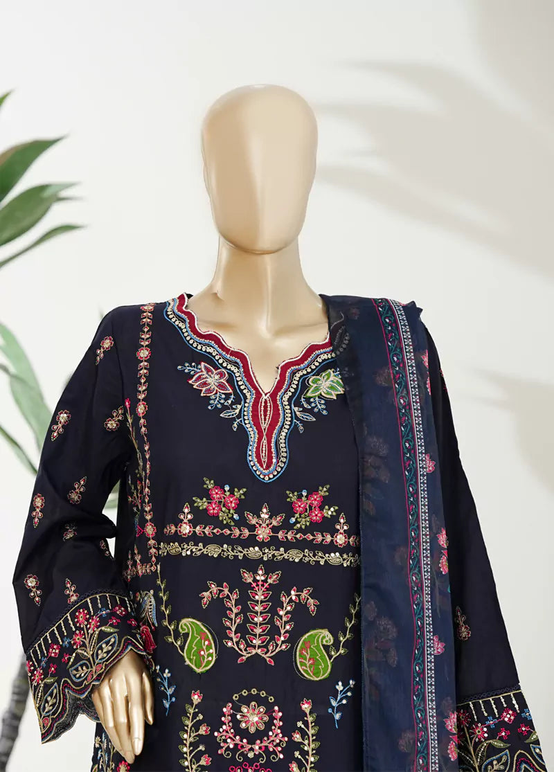3 Piece Navy Blue Color Embroidered Lawn Shirt with Embroidered Trouser & Dupatta