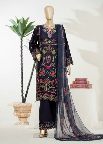 3 Piece Navy Blue Color Embroidered Lawn Shirt with Embroidered Trouser & Dupatta