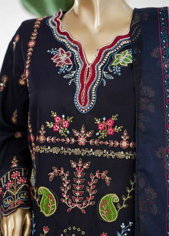 3 Piece Navy Blue Color Embroidered Lawn Shirt with Embroidered Trouser & Dupatta