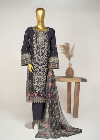 3 Piece Black Color Embroidered Lawn Shirt with Embroidered Trouser & Embroidered Dupatta