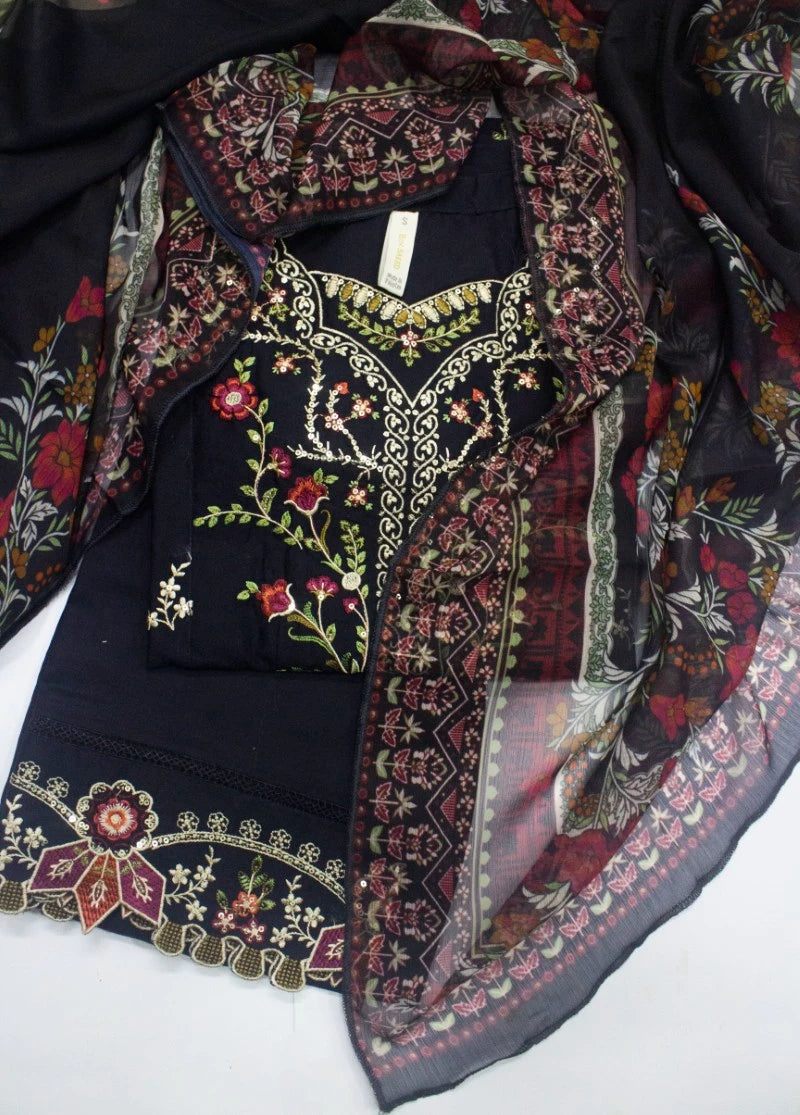 3 Piece Black Color Embroidered Lawn Shirt with Embroidered Trouser & Dupatta
