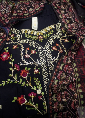 3 Piece Black Color Embroidered Lawn Shirt with Embroidered Trouser & Dupatta