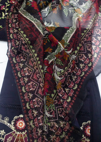 3 Piece Black Color Embroidered Lawn Shirt with Embroidered Trouser & Dupatta