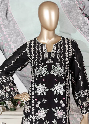 3 Piece Black Color Embroidered Lawn Shirt with Dupata & Embroidered Trouser