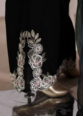 3 Piece Black Color Embroidered Lawn Shirt with Dupata & Embroidered Trouser
