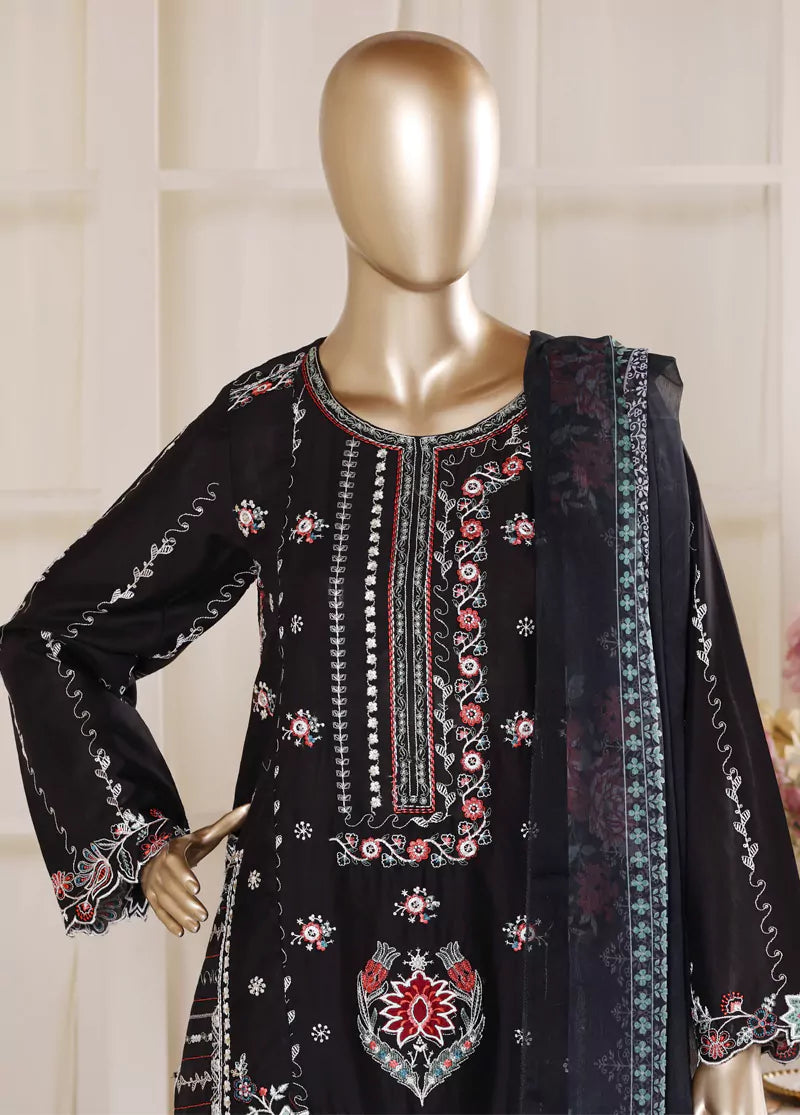 3 Piece Black Color Embroidered Lawn Shirt with Embroidered Trouser & Dupatta