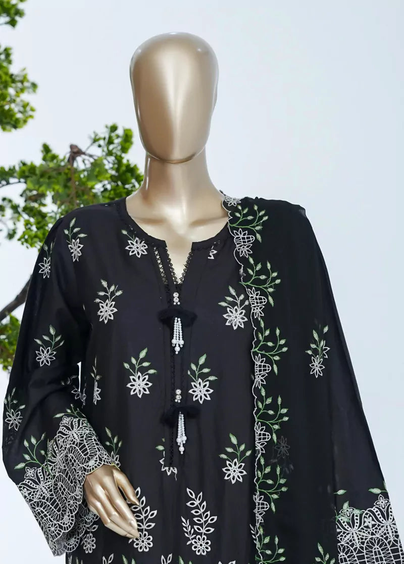 3 Piece Black Color Embroidered Lawn Shirt with Trouser & Embroidered Dupatta