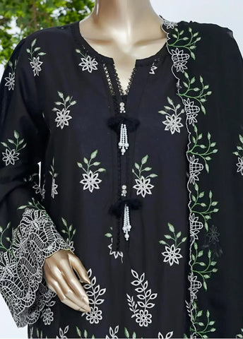 3 Piece Black Color Embroidered Lawn Shirt with Trouser & Embroidered Dupatta
