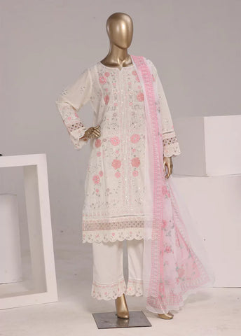 3 Piece White Color Embroidered Lawn Shirt with Embroidered Trouser & Dupatta